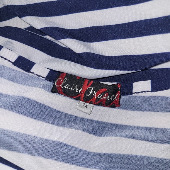 Claire France Navy and White Striped Short Sleeve Drape Neck Top 1X - Picture 6 of 6